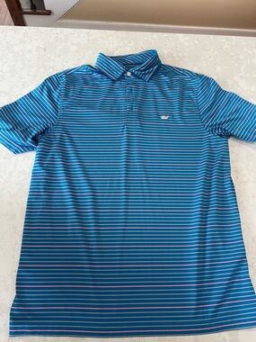 Vineyard Vines Men's Teal Blue Striped Performance Polo